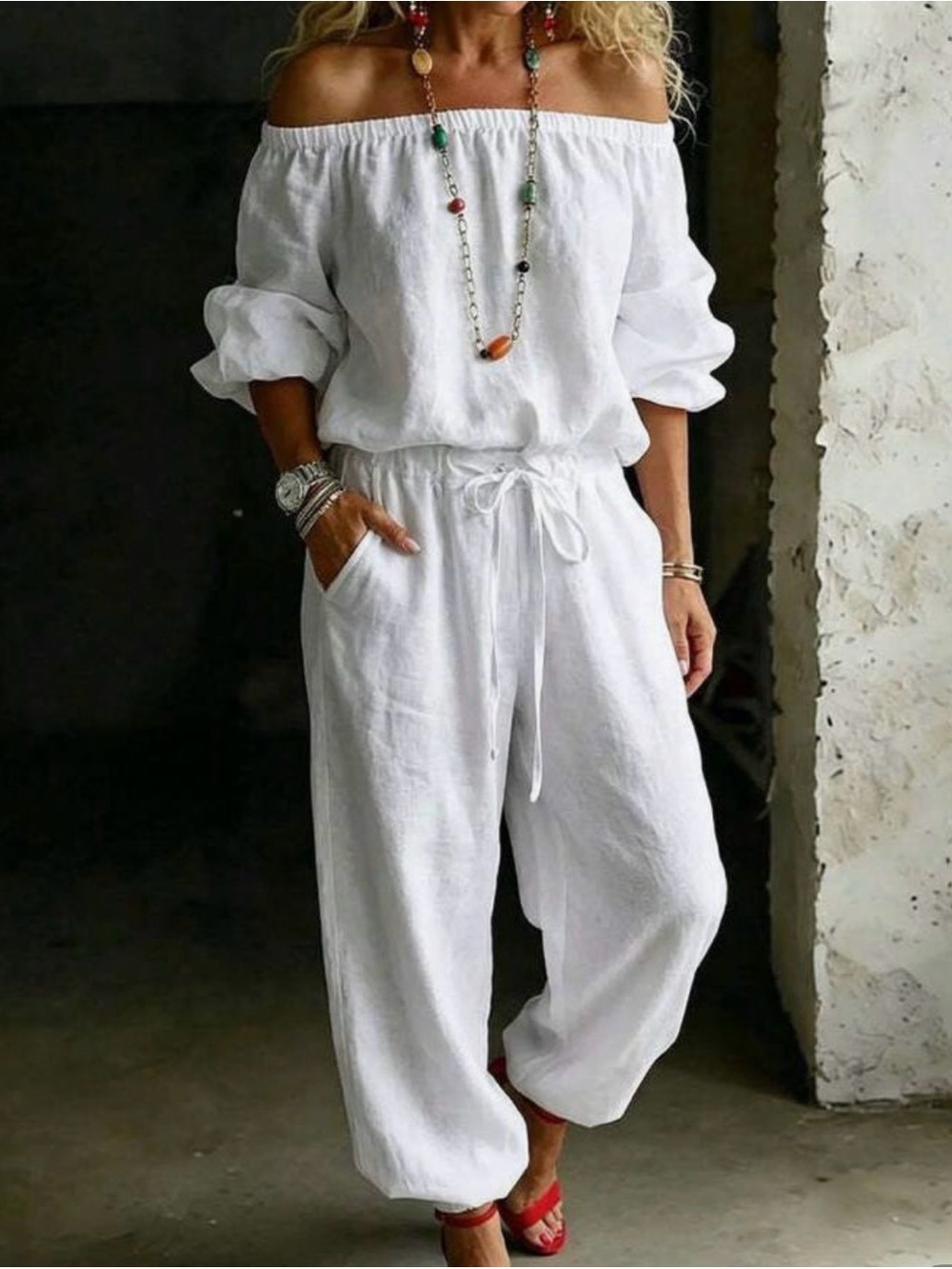 Women's White Off-Shoulder Linen-like Jumpsuit with Drawstring Waist